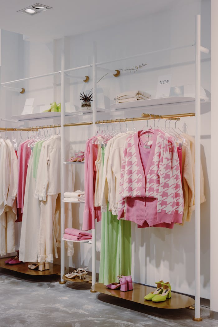 Stylish clothing display in modern boutique with colorful outfits and decor.